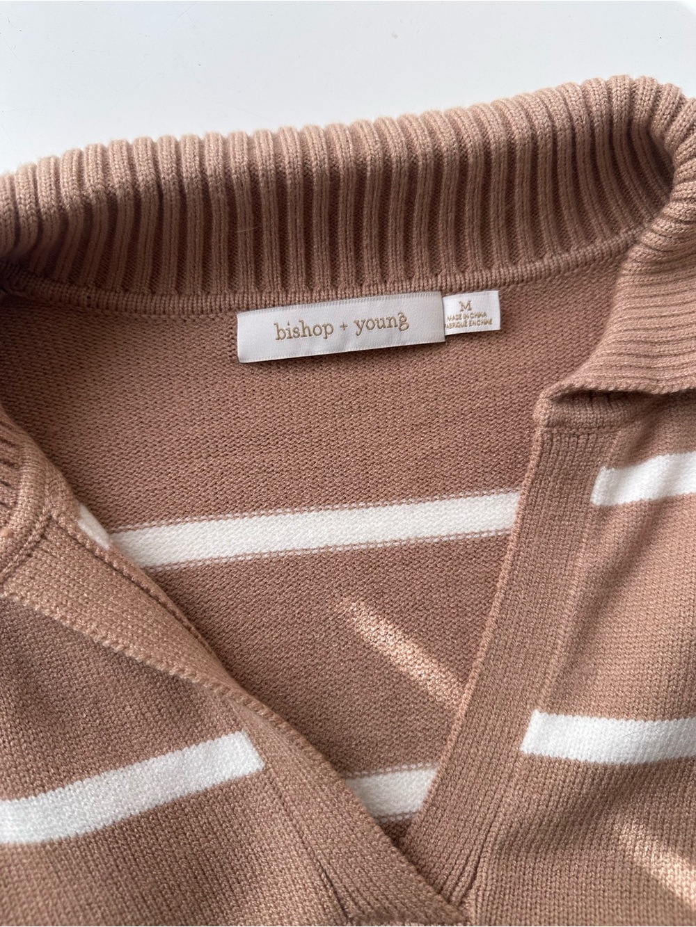 bishop + young V‑Neck Striped Knit in Tan & White